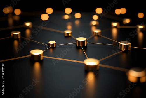 3d Social networking gold chrome nodes background, interconnected by golden lines to form a grid structure, indicating interconnections and relationships in the social community or business