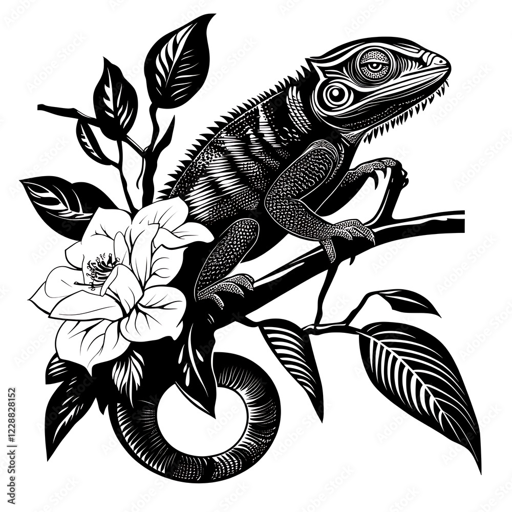 Fototapeta premium Lizard on branch with flower, black and white design, artistic illustration, for poster or print