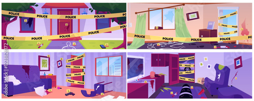 Crime scenes with Police tape vector set, crime investigation signs, dead body trace, murder weapon in blood, footprint