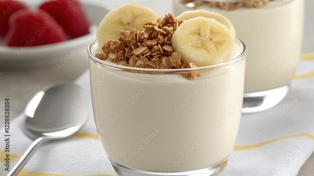 Creamy yogurt paired with bananas and crispy granola serves as a nutritious and inviting breakfast treat. Creamy yogurt paired with bananas and crispy granola serves as a nutritious and inviting breakfast treat.