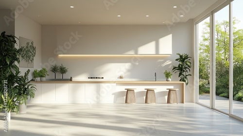 Minimalist kitchen with sunlight, plants, and wooden stools.