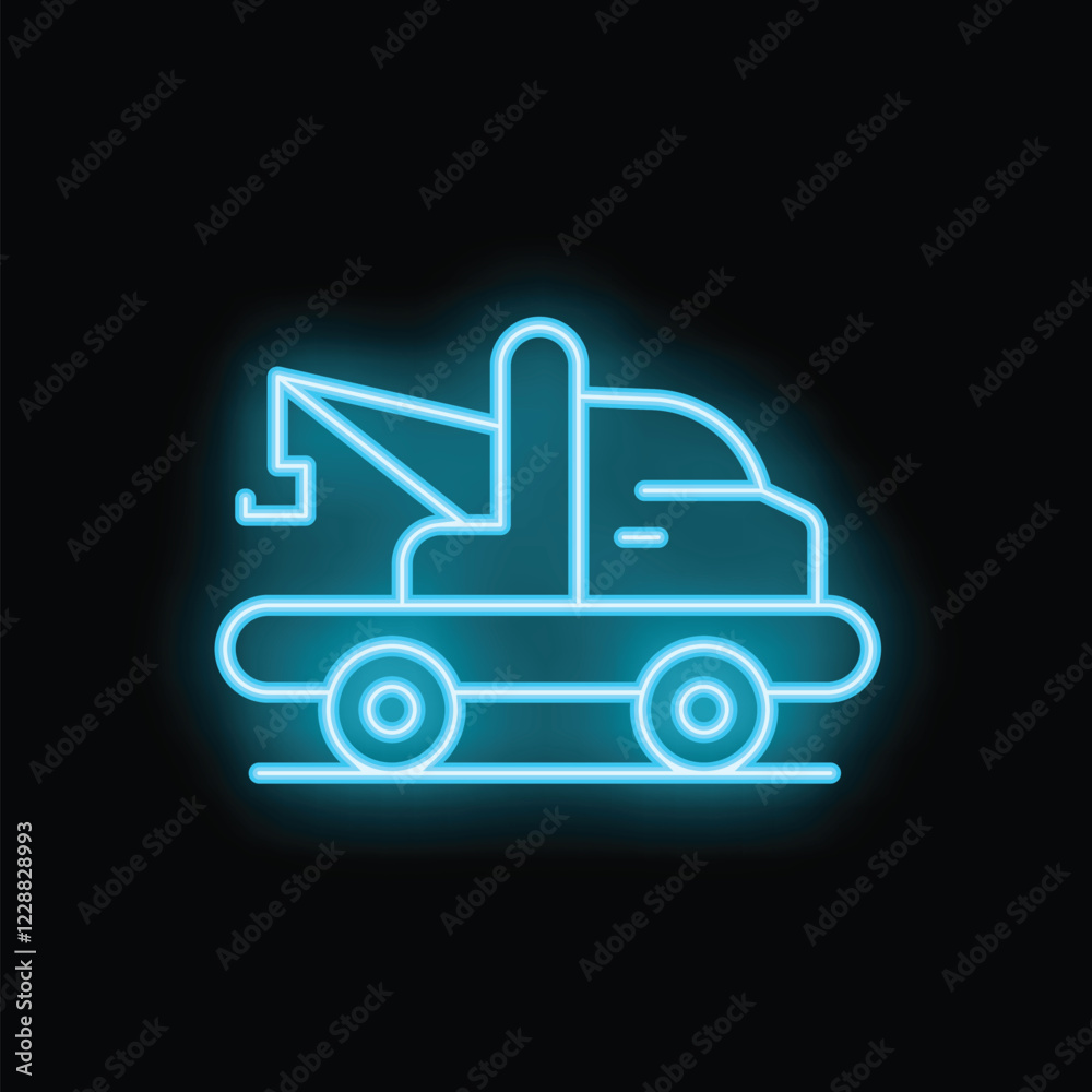 Blue neon sign representing a tow truck, glowing on a black background Blue neon sign representing a tow truck, glowing on a black background