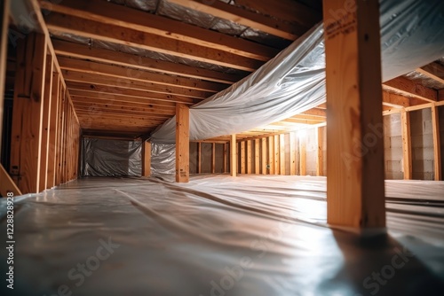 Interior view of an unfinished attic with wooden beams and plastic sheeting.
