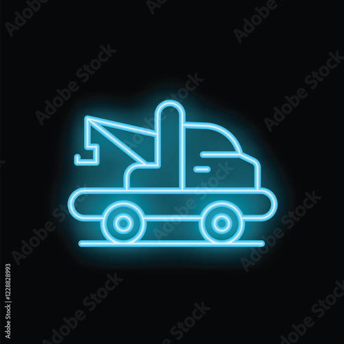 Blue neon sign representing a tow truck, glowing on a black background