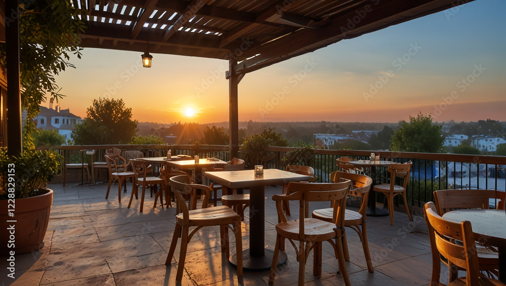 Charming outdoor cafe overlooking the sunset sky Charming outdoor cafe overlooking the sunset sky