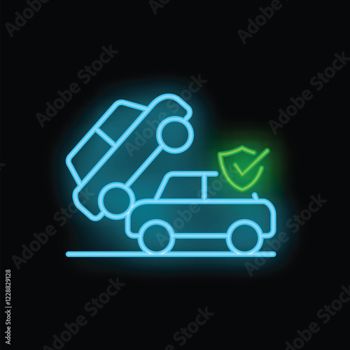 Blue neon icon of a car flipping over with a green check mark on a shield above a protected car on a black background