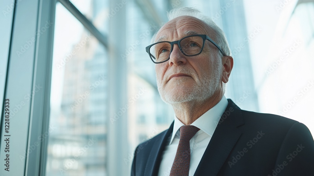 Senior businessman looking thoughtfully out the window in a modern office. Senior businessman looking thoughtfully out the window in a modern office.
