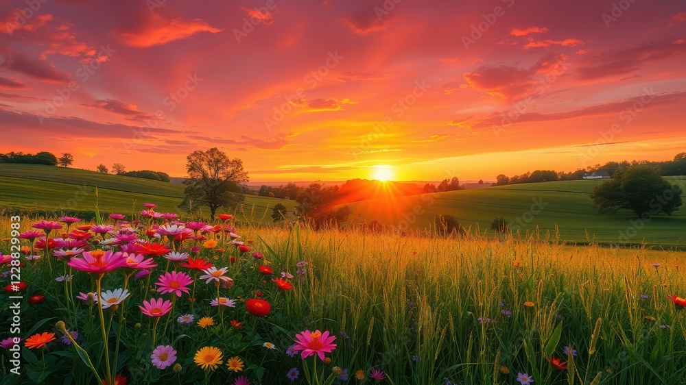 Obraz premium Vibrant Sunset Over Flowering Meadow with Colorful Blooms and Lush Green Fields in Scenic Countryside Landscape