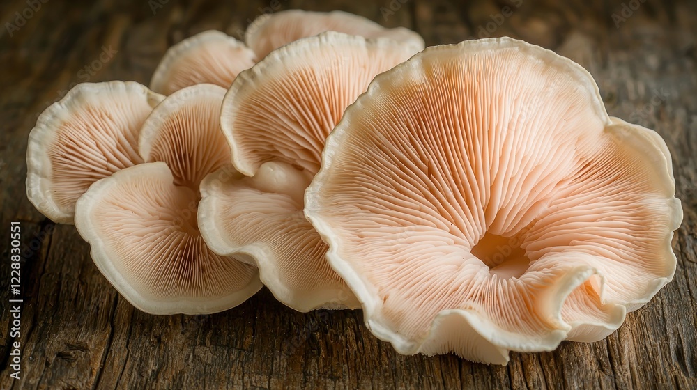 Pink oyster mushrooms on wood, close-up. Pink oyster mushrooms on wood, close-up.
