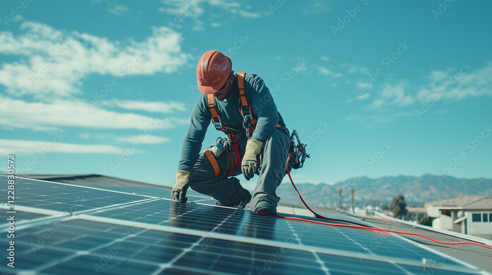 Professional solar panel installer working on a rooftop under blue sky Professional solar panel installer working on a rooftop under blue sky