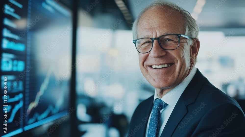 Naklejka premium Smiling senior businessman standing confidently near financial data screens.