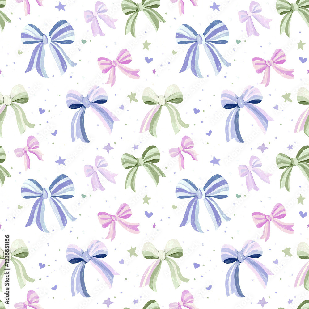 Decorative fabric featuring pastel bows and stars in a charming design suitable for crafts or home decor Decorative fabric featuring pastel bows and stars in a charming design suitable for crafts or home decor