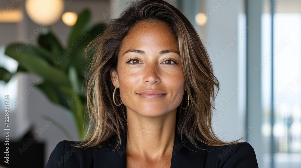 Confident woman with long hair in modern office setting, smiling warmly Confident woman with long hair in modern office setting, smiling warmly