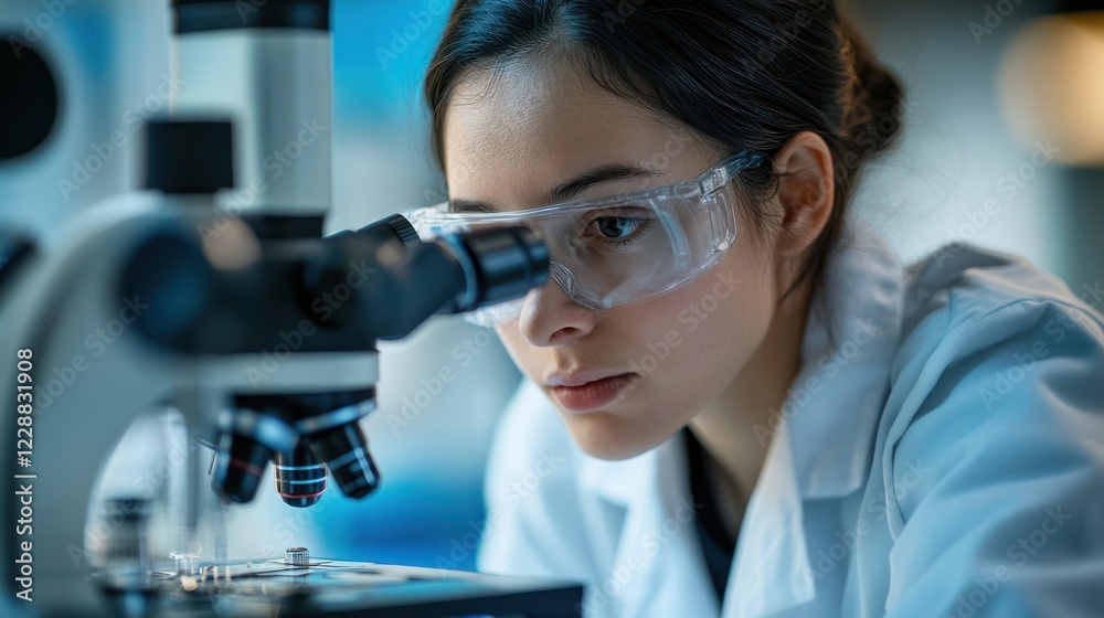 Scientist using microscope in lab. Scientist using microscope in lab.