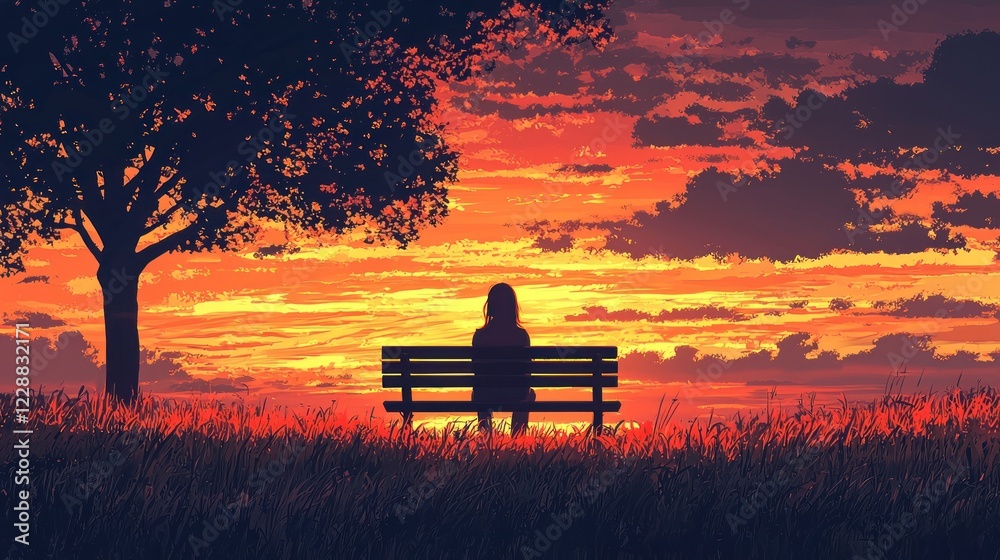 Woman sits alone on bench, sunset, field, peaceful sky. Use meditation, solitude Woman sits alone on bench, sunset, field, peaceful sky. Use meditation, solitude