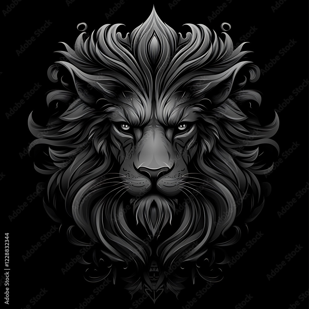 Stylized lion head graphic design, ornate frame, black and gray Stylized lion head graphic design, ornate frame, black and gray