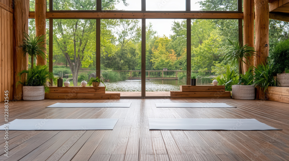 Obraz premium serene indoor yoga space with mats overlooking peaceful lake view