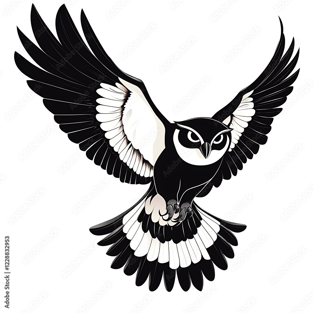 Naklejka premium Black and white stylized hawk in flight