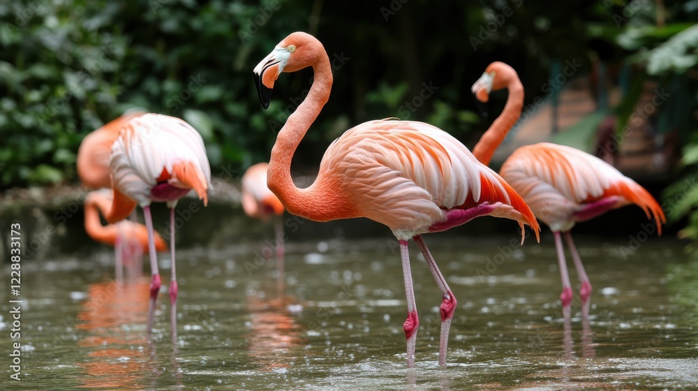 A serene scene of flamingos elegantly wading in shimmering water, their pink feathers contrasting with the lush greenery. A serene scene of flamingos elegantly wading in shimmering water, their pink feathers contrasting with the lush greenery.