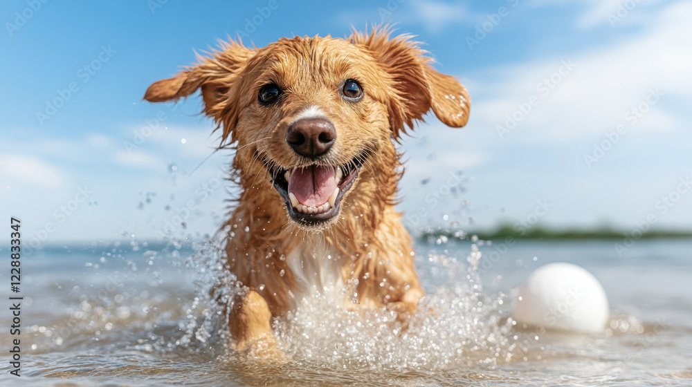 playful puppy splashing joyfully in water, enjoying sunny day playful puppy splashing joyfully in water, enjoying sunny day
