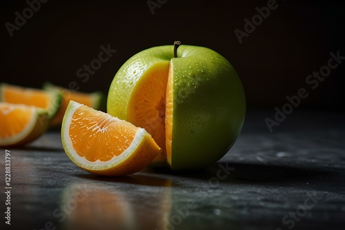 Creative Fusion of Apple and Orange Slices in Dramatic Lighting
