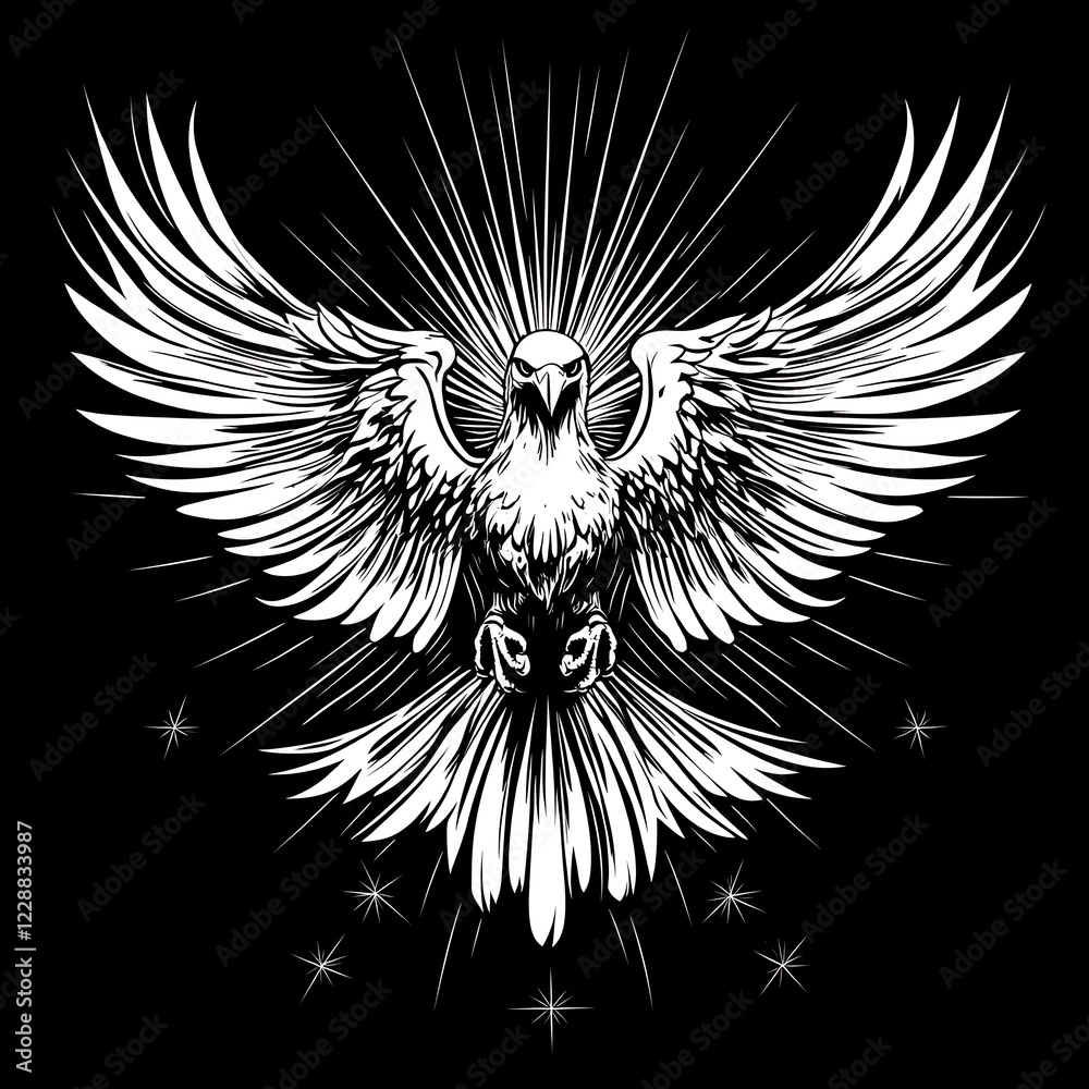 Fototapeta premium Powerful eagle soaring, graphic design, celestial background, for t-shirt or poster