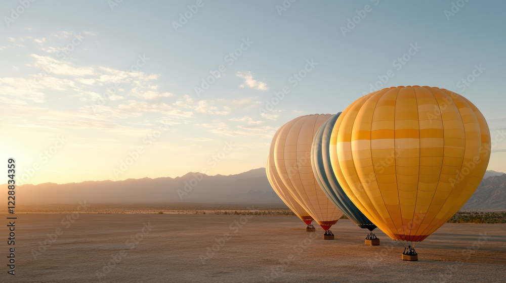 Obraz premium row of colorful hot air balloons at sunrise in desert landscape