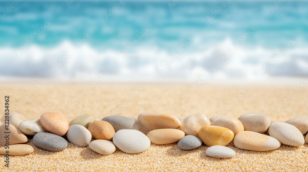 Colorful Smooth Stones on Sandy Beach with Blurred Ocean Waves Colorful Smooth Stones on Sandy Beach with Blurred Ocean Waves