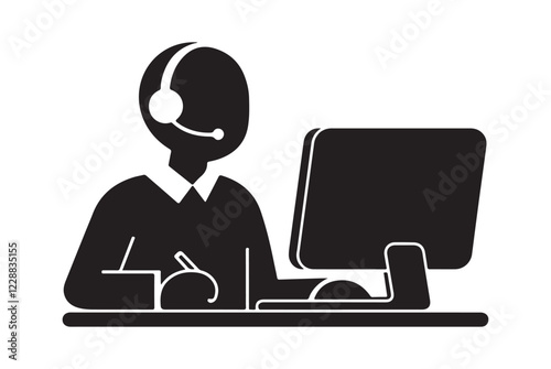 Minimalist Black Silhouette Customer Service Agent with Headset, Desk, and Speech Bubble Icon for Call Center