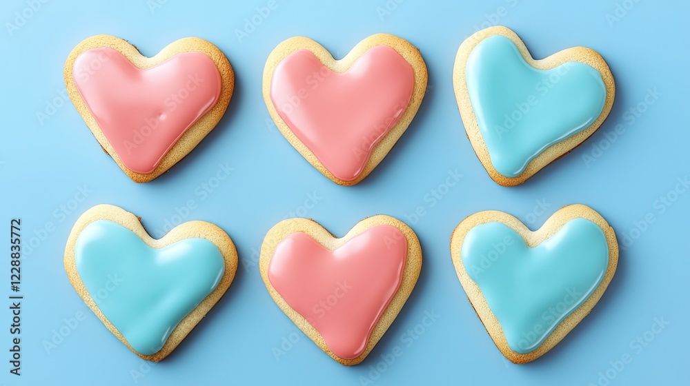 Festive heart-shaped cookies with bright icing, perfect for celebrations, photographed top Festive heart-shaped cookies with bright icing, perfect for celebrations, photographed top