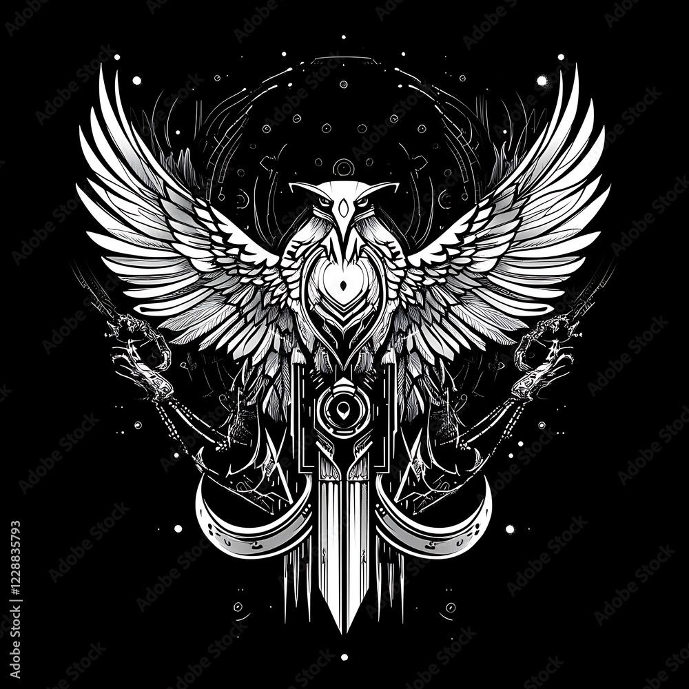 Obraz premium Graphic Design of a Majestic Eagle, Sword, and Ornate Design