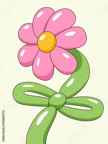 Balloon Flower: A whimsical, cheerful balloon animal shaped like a flower, with pink petals, a yellow center, and green leaves. This vibrant.