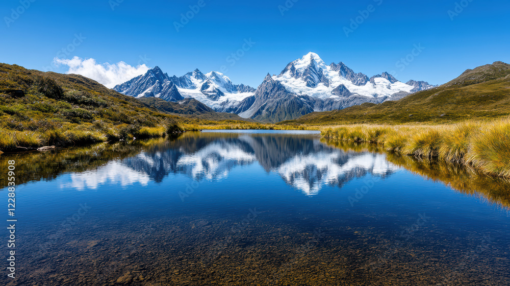 serene lake reflecting snow capped mountains under clear blue sky serene lake reflecting snow capped mountains under clear blue sky