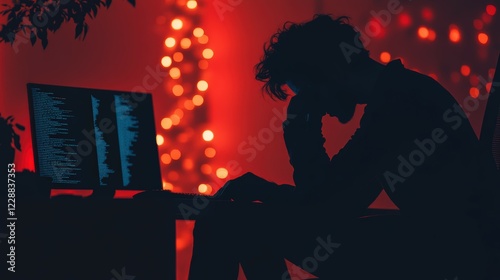 Silhouette of a Contemplative Programmer Amidst Warm Holiday Lights in a Dimly Lit Room