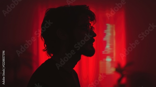 Silhouette of a Thoughtful Man Against a Backlit Red Curtain in a Softly Lit Room