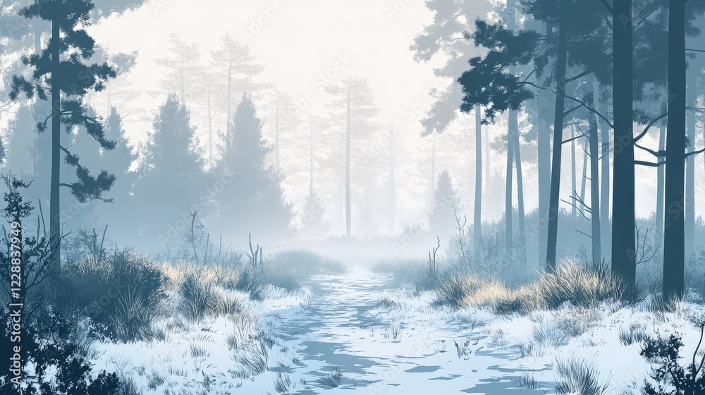 Naklejka premium Serene winter forest landscape with fog, snow-covered ground, and tall evergreen trees