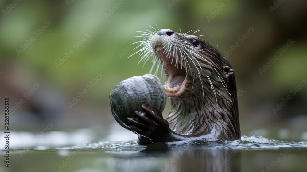 Otter Cracking Open a Clam in Serene Lake Setting Otter Cracking Open a Clam in Serene Lake Setting