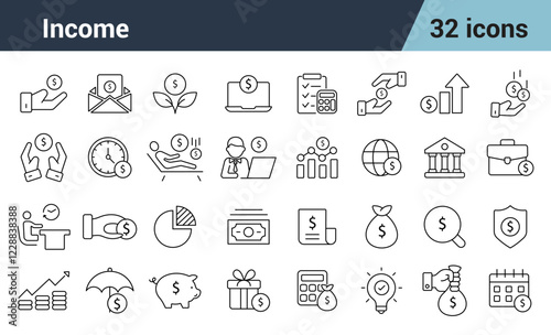 Income Line Editable Icons set. Includes  money, tax, earnings, payment, accounting, paycheck, work.