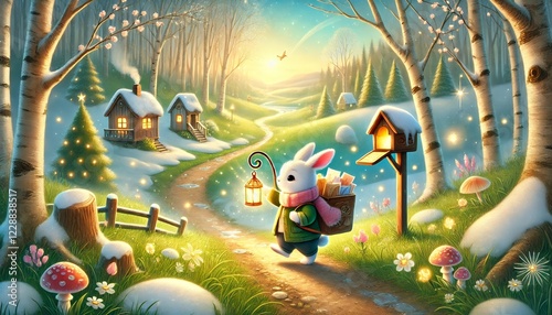 A whimsical storybook-style illustration of a serene springtime forest with a rabbit mail carrier delivering glowing parcels