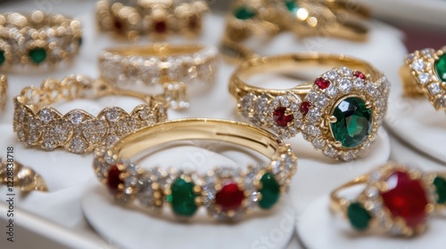 An opulent display case showcases exquisite fine jewelry, featuring sparkling rings adorned with emeralds and diamonds.