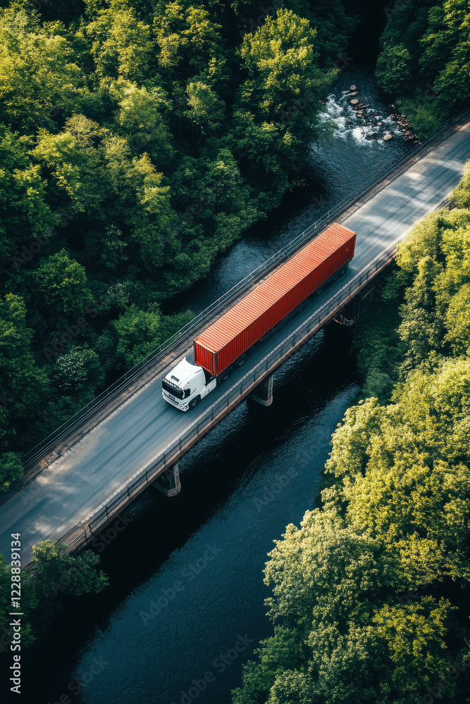 Fototapeta premium Aerial view of a container truck crossing a bridge over a river