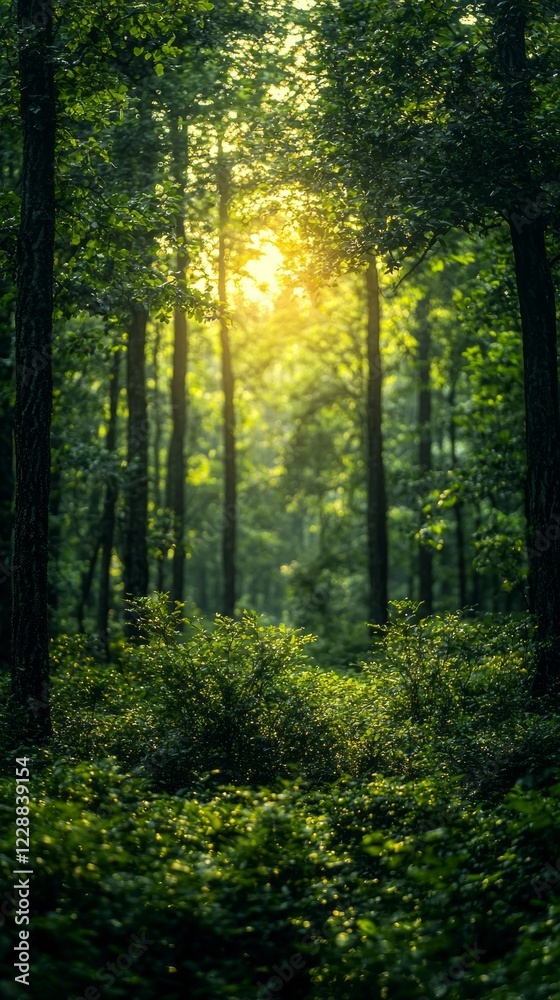 Soft sunlight breaks through dense trees, casting a magical glow on ferns and underbrush in a tranquil forest at dawn. Nature awakens in a serene display of life and beauty Soft sunlight breaks through dense trees, casting a magical glow on ferns and underbrush in a tranquil forest at dawn. Nature awakens in a serene display of life and beauty