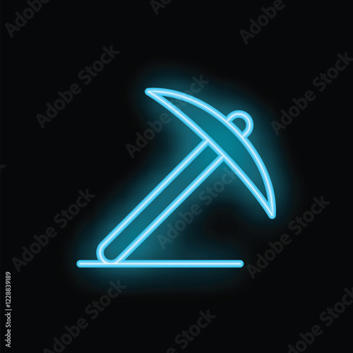 Bright blue neon sign in the shape of a pickaxe, glowing on a black background