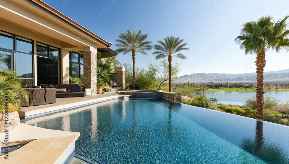 Modern home with large infinity pool, palm trees and lake in the background. Large windows and stone accents. Modern home with large infinity pool, palm trees and lake in the background. Large windows and stone accents.