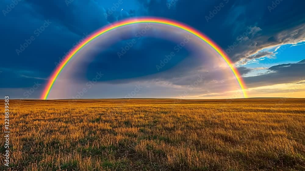 Vibrant rainbow arches over golden field at sunset with dramatic clouds Vibrant rainbow arches over golden field at sunset with dramatic clouds