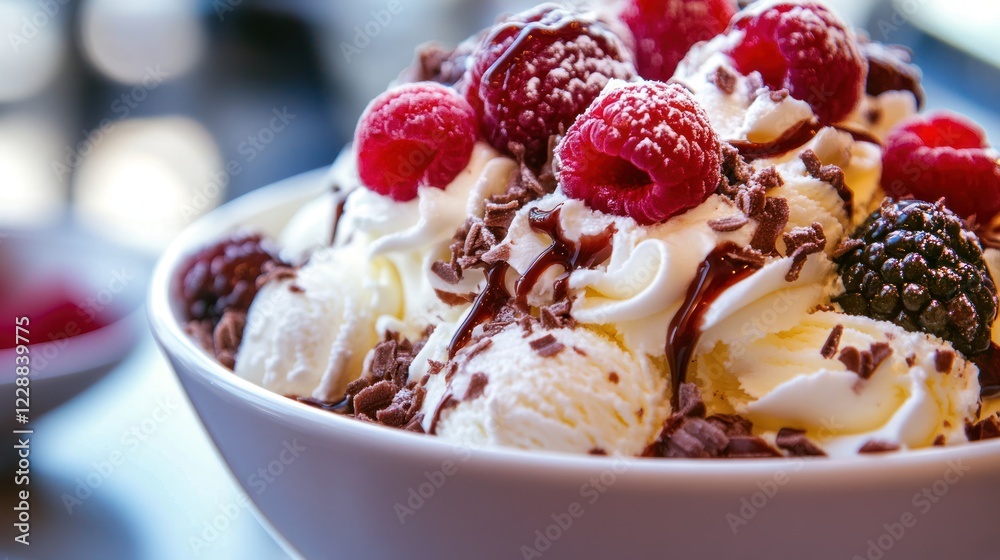 Delicious ice cream sundae with raspberries, chocolate shavings, and whipped cream.