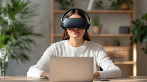 young professional wearing headset, engaged in virtual work photo