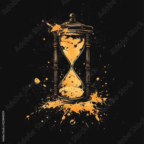 Vintage Hourglass with Golden Splashes. Use Graphic Design, Stock Photo photo