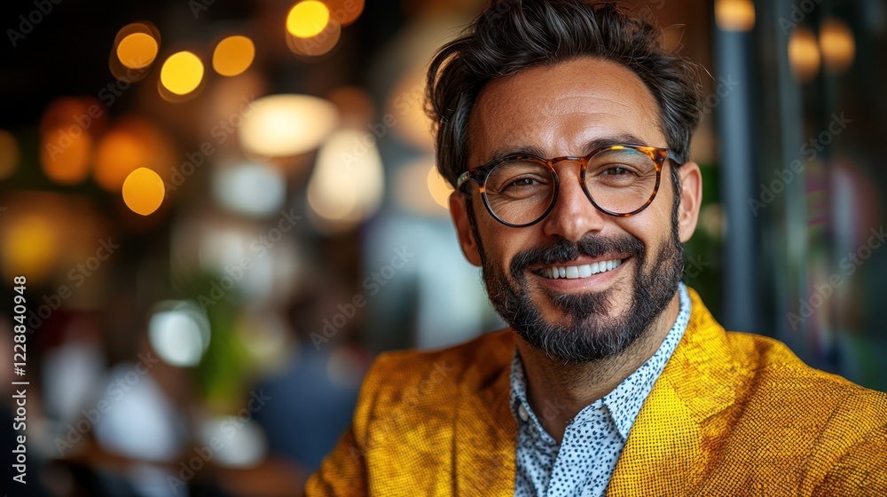 Fototapeta premium Smiling man cafe portrait, bokeh background, advertising