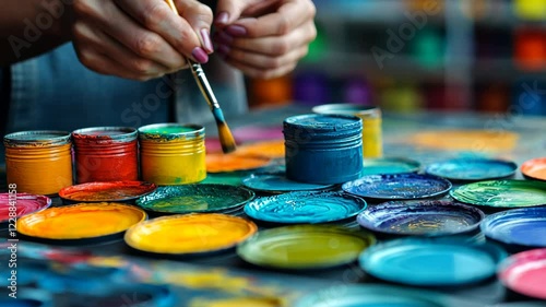 Artist's hands mixing vibrant paints at a creative workspace filled with color